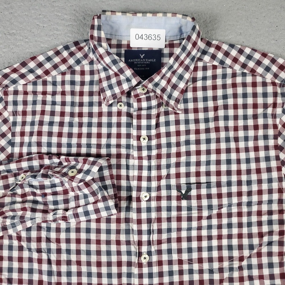 American Eagle Shirt Mens Small Red Check Casual Button Up Long Sleeve *
